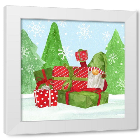 Gnome for Christmas blue I-Gnome Present White Modern Wood Framed Art Print by Reed, Tara
