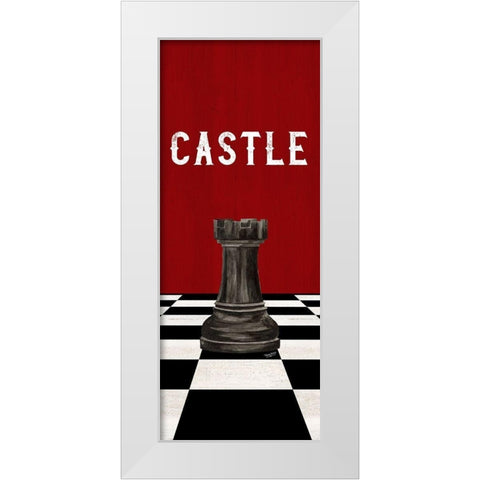Rather be Playing Chess Pieces black on red panel II-Castle White Modern Wood Framed Art Print by Reed, Tara