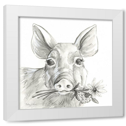 Watercolor  Pencil Farm I-Pig White Modern Wood Framed Art Print by Wilson, Kelsey