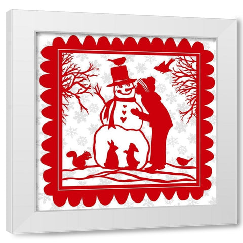 Snowman Kiss with Snowflakes White Modern Wood Framed Art Print by Sowell, Sharyn