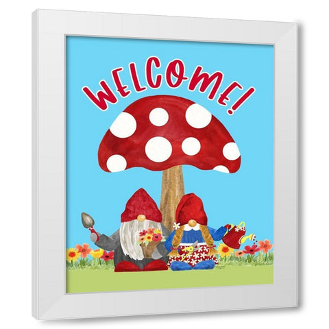 Gardening Gnomes Sentiment portrait II-Welcome White Modern Wood Framed Art Print by Reed, Tara