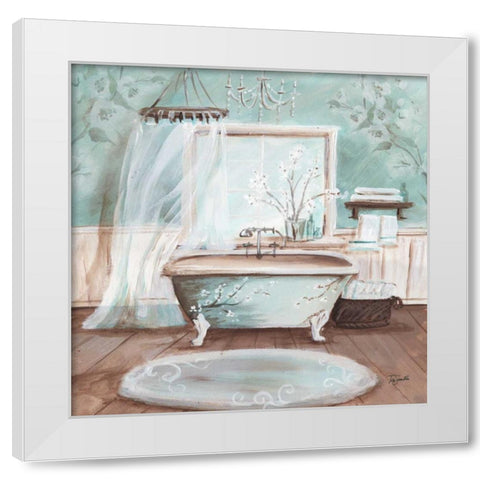 Aqua Blossom Bath II  White Modern Wood Framed Art Print by Tre Sorelle Studios