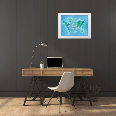 Global Patterned World Map White Modern Wood Framed Art Print by Fisk, Arnie