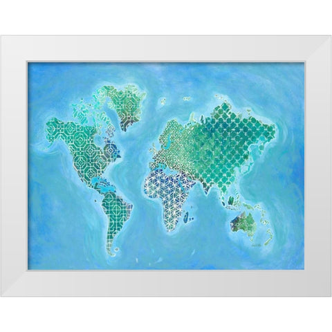 Global Patterned World Map White Modern Wood Framed Art Print by Fisk, Arnie