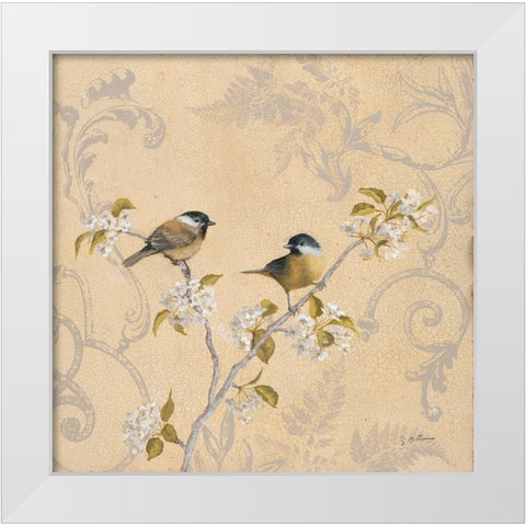 Chickadee and Pear White Modern Wood Framed Art Print by McGannon, Jill Schultz