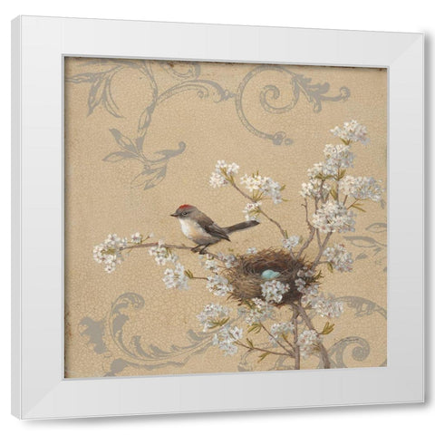 Kinglet and Pear White Modern Wood Framed Art Print by McGannon, Jill Schultz