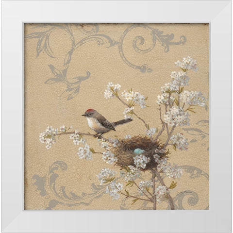 Kinglet and Pear White Modern Wood Framed Art Print by McGannon, Jill Schultz