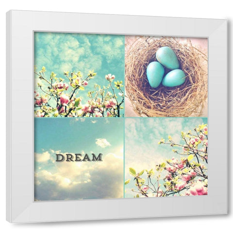 Blue Eggs Pink Blossoms Dream White Modern Wood Framed Art Print by Dvorak, Vicki