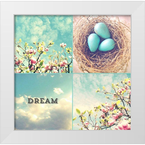 Blue Eggs Pink Blossoms Dream White Modern Wood Framed Art Print by Dvorak, Vicki