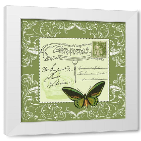 Butterfly Carte Postale Green White Modern Wood Framed Art Print by De Lauzun, Marion