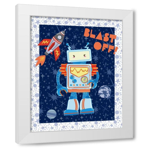 Blast Off Robot White Modern Wood Framed Art Print by Skapriwsky, Christina