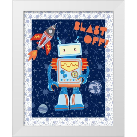 Blast Off Robot White Modern Wood Framed Art Print by Skapriwsky, Christina