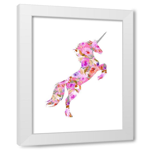 Pink Floral Unicorn White Modern Wood Framed Art Print by Dos Santos, Bella