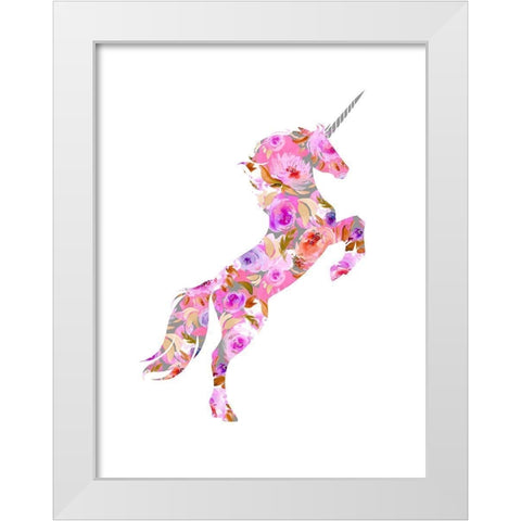 Pink Floral Unicorn White Modern Wood Framed Art Print by Dos Santos, Bella