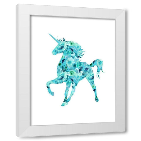 Blue Floral Unicorn White Modern Wood Framed Art Print by Dos Santos, Bella