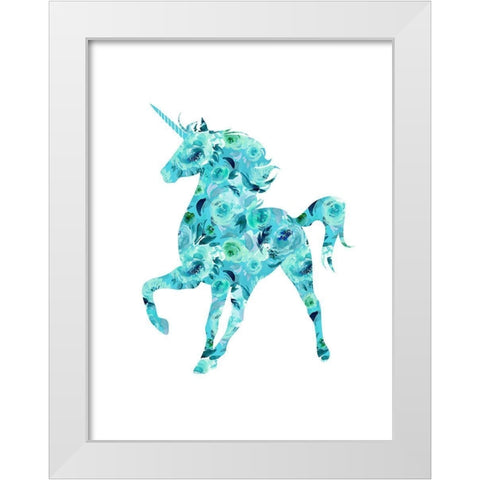 Blue Floral Unicorn White Modern Wood Framed Art Print by Dos Santos, Bella