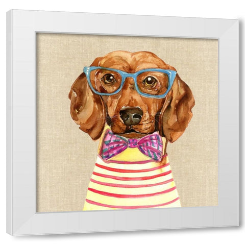 Dachshund With Fashion Glasses White Modern Wood Framed Art Print by Jing, Jin