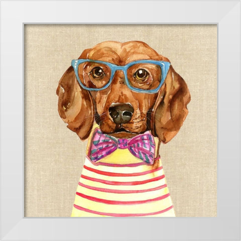 Dachshund With Fashion Glasses White Modern Wood Framed Art Print by Jing, Jin