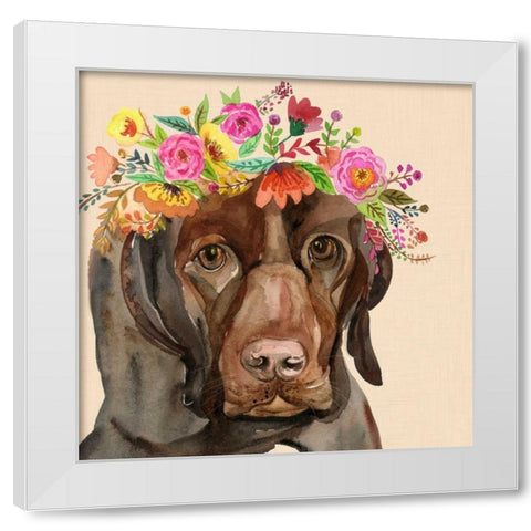 Dog with a wreath of colorful blossoms I White Modern Wood Framed Art Print by Jing, Jin