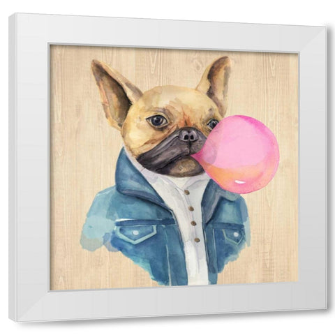 A Blowing Bubble French Bulldog White Modern Wood Framed Art Print by Jing, Jin