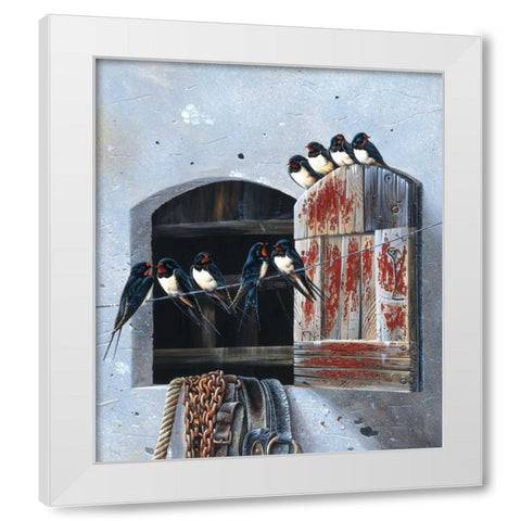 Window with 9 birds White Modern Wood Framed Art Print by Weenink, Jan