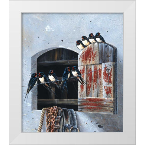 Window with 9 birds White Modern Wood Framed Art Print by Weenink, Jan