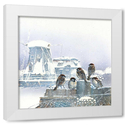 Birdies and windmill White Modern Wood Framed Art Print by Weenink, Jan