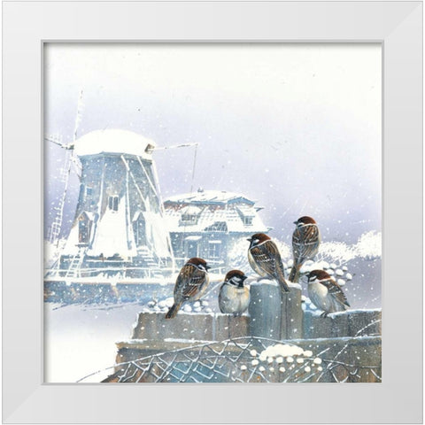 Birdies and windmill White Modern Wood Framed Art Print by Weenink, Jan