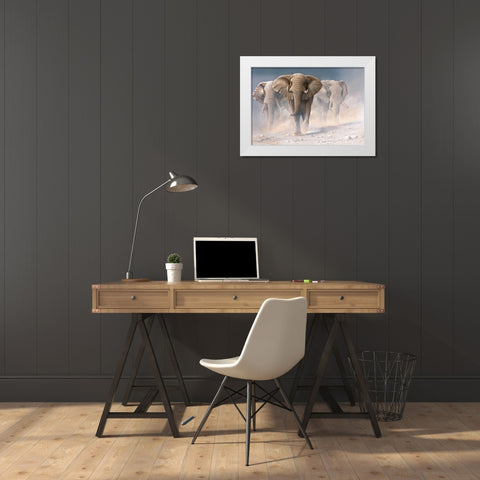 Running elephants I White Modern Wood Framed Art Print by Weenink, Jan