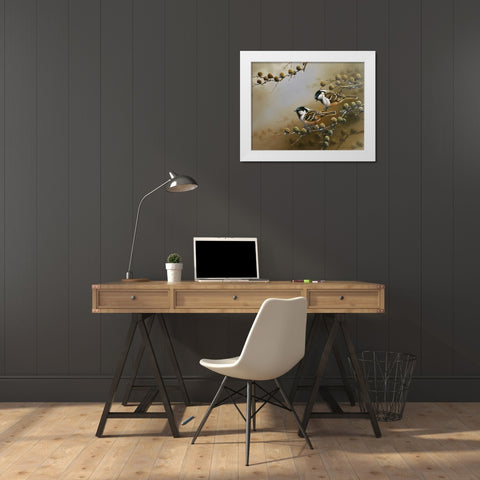 Two birds on branch White Modern Wood Framed Art Print by Weenink, Jan