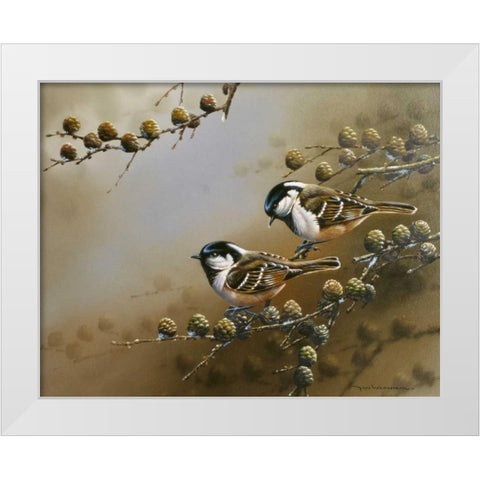 Two birds on branch White Modern Wood Framed Art Print by Weenink, Jan