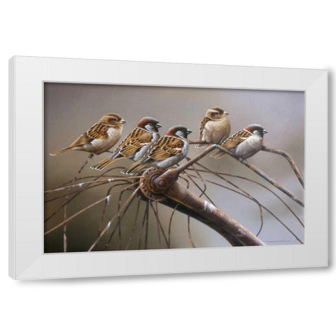 Birds on a broken bicycle White Modern Wood Framed Art Print by Weenink, Jan