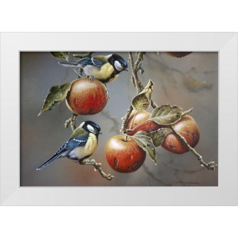 Two birds with apples White Modern Wood Framed Art Print by Weenink, Jan