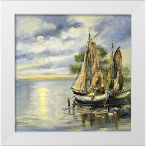 Boats lie at anchor White Modern Wood Framed Art Print by Schottler, Katharina