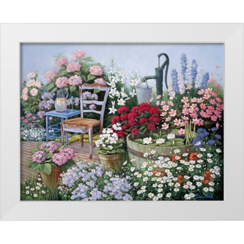 Ellys Gardening White Modern Wood Framed Art Print by Motz, Peter