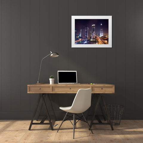 elevated view of skyscrapers at night, Shanghai White Modern Wood Framed Art Print by Frank, Assaf