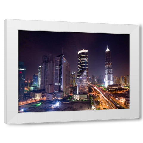 elevated view of skyscrapers at night, Shanghai White Modern Wood Framed Art Print by Frank, Assaf