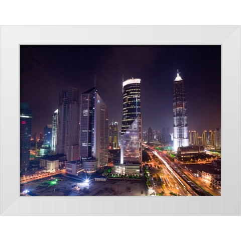 elevated view of skyscrapers at night, Shanghai White Modern Wood Framed Art Print by Frank, Assaf