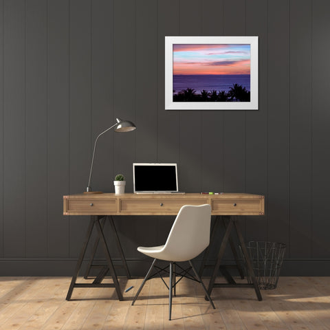 Sea by palm tree at dusk, elevated view White Modern Wood Framed Art Print by Frank, Assaf