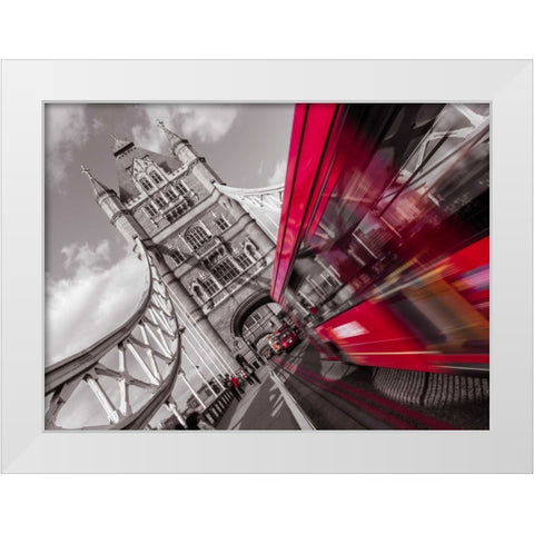 England, London, Double-Decker bus on tower bridge White Modern Wood Framed Art Print by Frank, Assaf