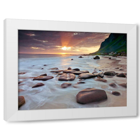Rocky coastline, Lofoten, Norway White Modern Wood Framed Art Print by Frank, Assaf