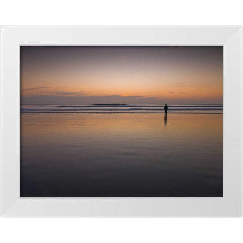Little boy standing on the beach at dusk White Modern Wood Framed Art Print by Frank, Assaf