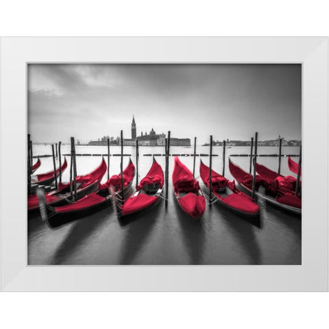 Bunch of Roses and umbrella on pier with gondolas moored in canal, Venice, Italy White Modern Wood Framed Art Print by Frank, Assaf
