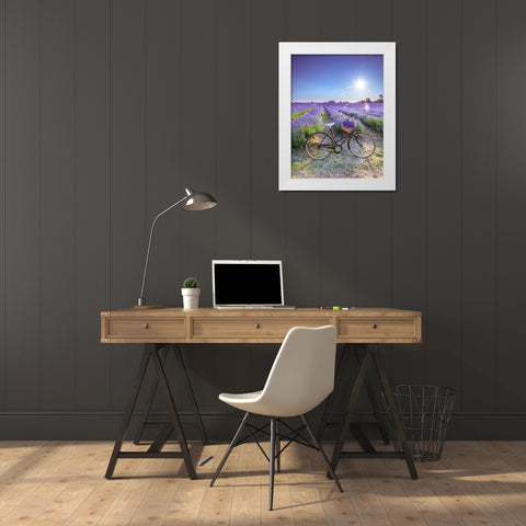 Bicycle with flowers in a Lavender field White Modern Wood Framed Art Print by Frank, Assaf