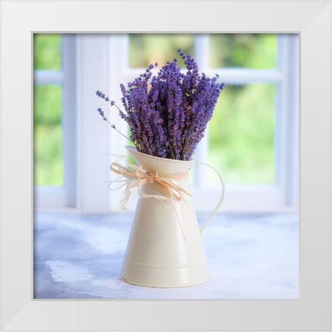 Bunch of lavender in antique jug by the window - Indoors White Modern Wood Framed Art Print by Frank, Assaf