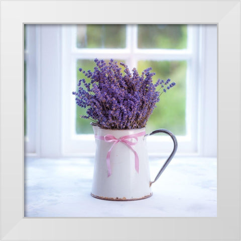 Bunch of lavender in antique jug by the window - Indoors White Modern Wood Framed Art Print by Frank, Assaf