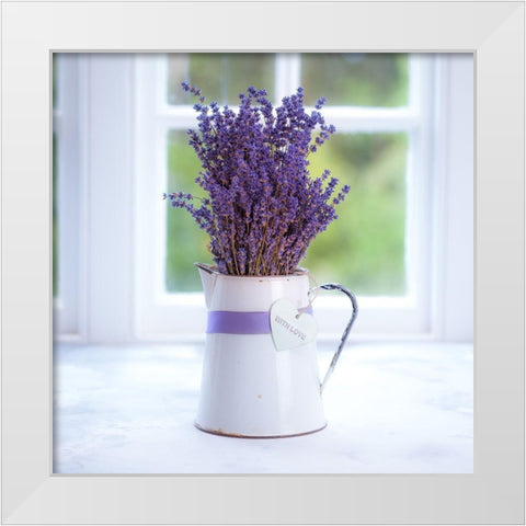 Bunch of lavender in antique jug by the window - Indoors White Modern Wood Framed Art Print by Frank, Assaf