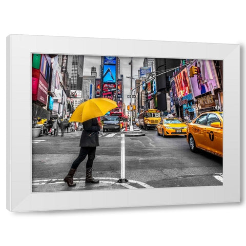 Man with yellow umbrella at Times square, New York White Modern Wood Framed Art Print by Frank, Assaf
