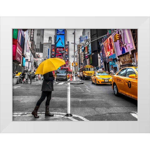 Man with yellow umbrella at Times square, New York White Modern Wood Framed Art Print by Frank, Assaf