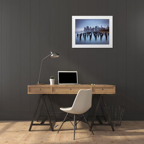 Lower Manhattan Skyline with pier pilings in east river, New York, USA White Modern Wood Framed Art Print by Frank, Assaf